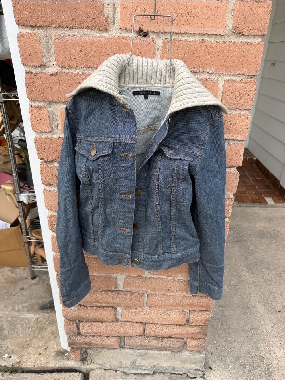 Theory Indigo Denim Jacket with Cream Knit Collar